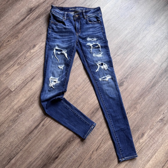 American Eagle Outfitters Dark Blue Distressed Jeggings - Size 6 Regular - Picture 2 of 13
